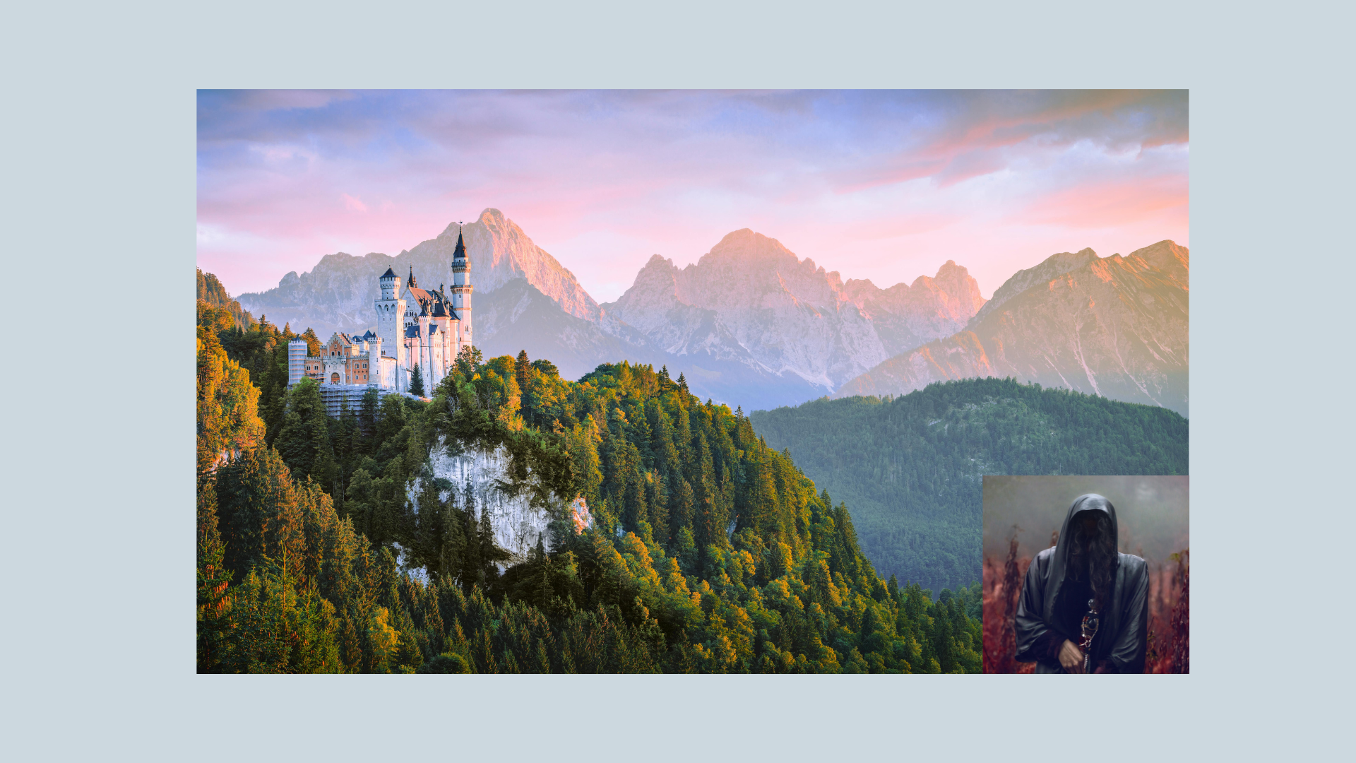 Castle and woman in dark robe